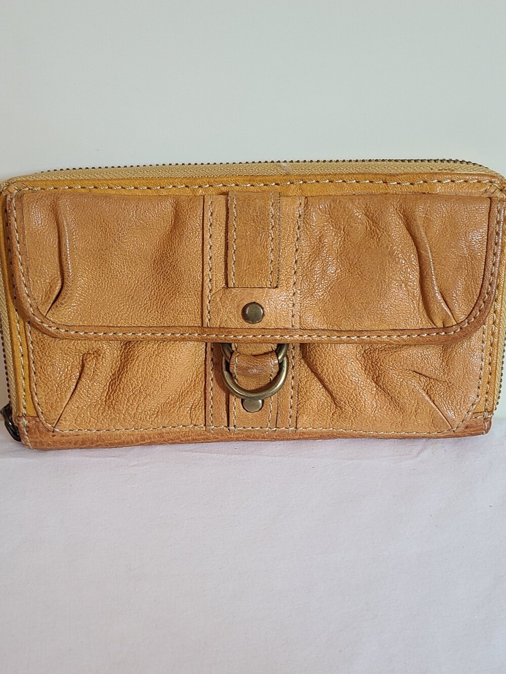 Fossil Zip-Around Leather Wallet with Front Ring Detail - Tan